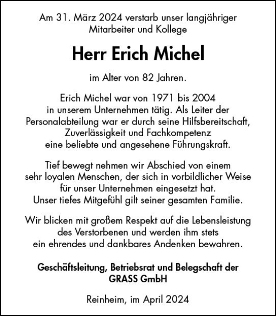Traueranzeige von Erich Michel von Darmstädter Echo
