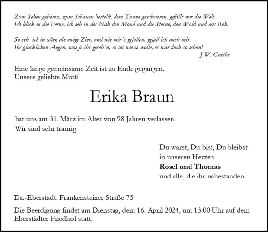 Traueranzeige von Erika Braun von Darmstädter Echo