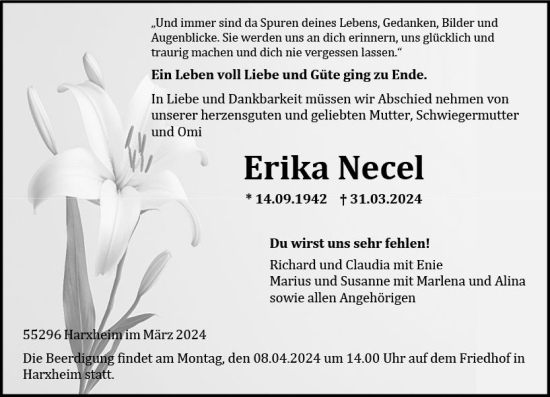 Traueranzeige von Erika Necel von Allgemeine Zeitung Mainz