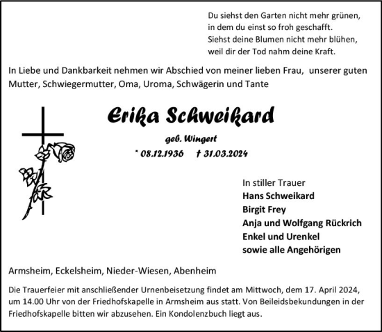 Traueranzeige von Erika Schweikard von Allgemeine Zeitung Alzey