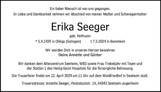 Traueranzeige von Erika Seeger von Starkenburger Echo