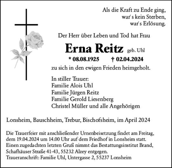 Traueranzeige von Erna Reitz von Rüsselsheimer Echo