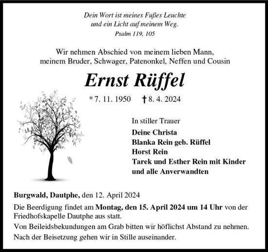 Traueranzeige von Ernst Rüffel von Hinterländer Anzeiger