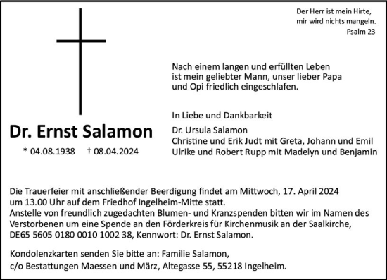 Traueranzeige von Ernst Salamon von Allgemeine Zeitung Bingen/Ingelheim