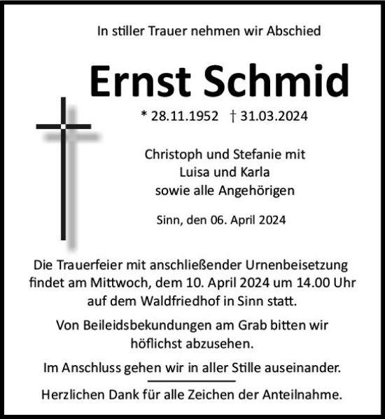 Traueranzeige von Ernst Schmid von Dill Block