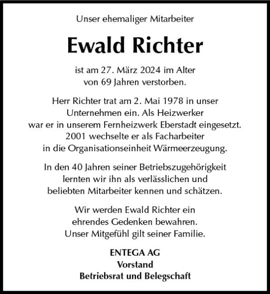 Traueranzeige von Ewald Richter von Odenwälder Echo