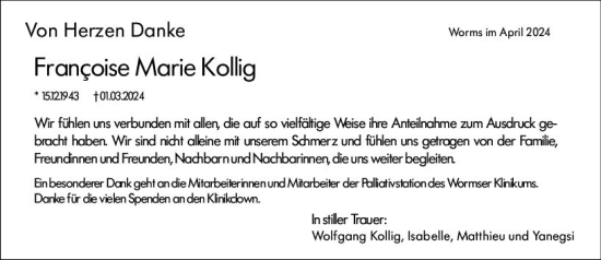 Traueranzeige von Francoise Marie Kollig von Wormser Zeitung