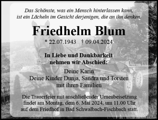 Traueranzeige von Friedhelm Blum von Wiesbadener Kurier
