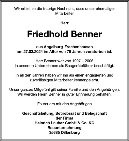 Traueranzeige von Friedhold Benner von Hinterländer Anzeiger