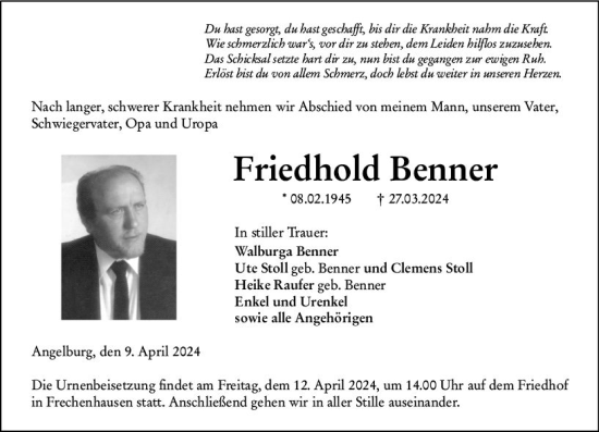 Traueranzeige von Friedhold Benner von Hinterländer Anzeiger