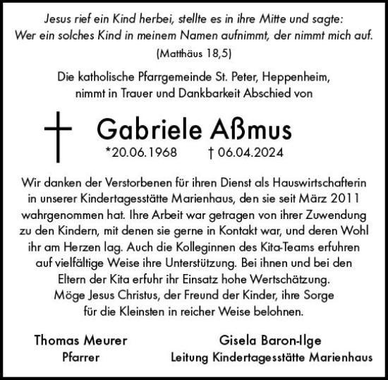 Traueranzeige von Gabriele Aßmus von Starkenburger Echo