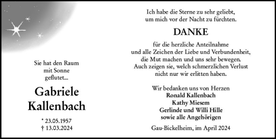 Traueranzeige von Gabriele Kallenbách von Allgemeine Zeitung Alzey