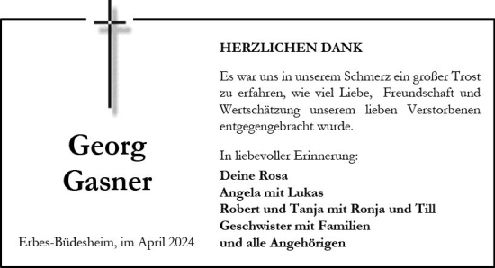 Traueranzeige von Georg Gasner von Allgemeine Zeitung Alzey