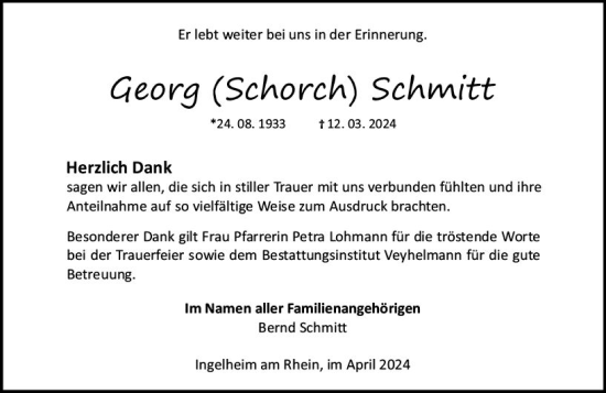 Traueranzeige von Georg Schmitt von Allgemeine Zeitung Bingen/Ingelheim