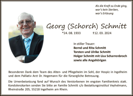 Traueranzeige von Georg Schmitt von Allgemeine Zeitung Bingen/Ingelheim