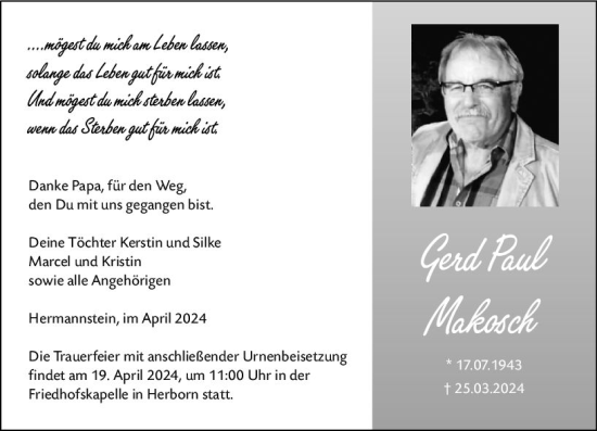 Traueranzeige von Gerd Paul Makosch von Wetzlarer Neue Zeitung