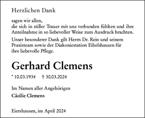 Traueranzeige von Gerhard Clemens von Dill Block