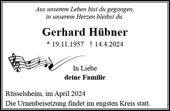Traueranzeige von Gerhard Hübner von Rüsselsheimer Echo