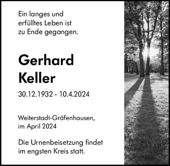 Traueranzeige von Gerhard Keller von Darmstädter Echo