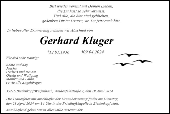 Traueranzeige von Gerhard Kluger von Hinterländer Anzeiger