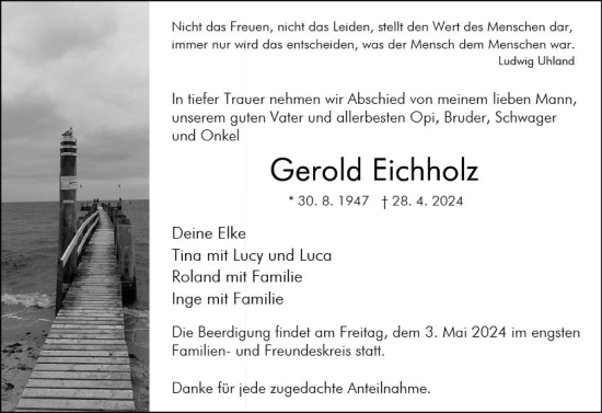 Traueranzeige von Gerold Eichholz von Wetzlarer Neue Zeitung
