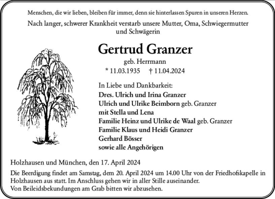 Traueranzeige von Gertrud Granzer von Hinterländer Anzeiger