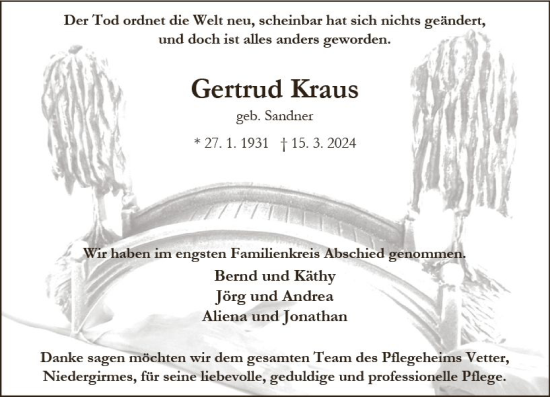 Traueranzeige von Gertrud Kraus von Wetzlarer Neue Zeitung