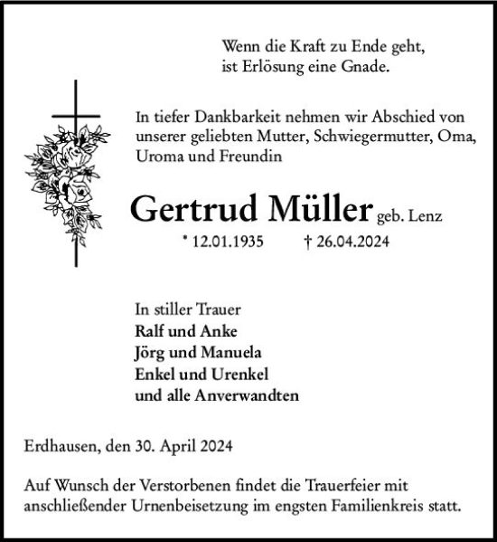 Traueranzeige von Gertrud Müller von Hinterländer Anzeiger
