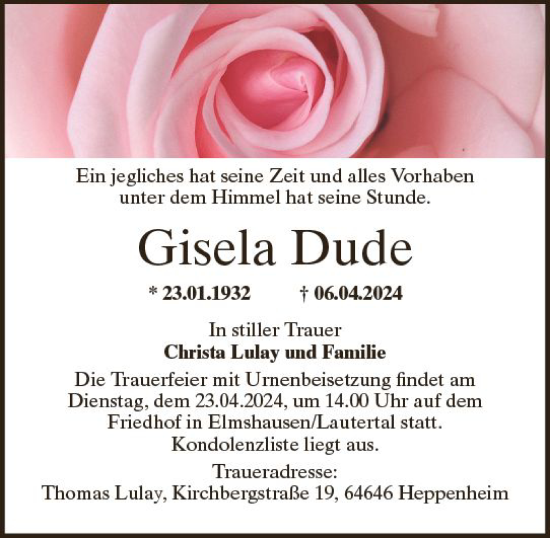 Traueranzeige von Gisela Dude von Starkenburger Echo