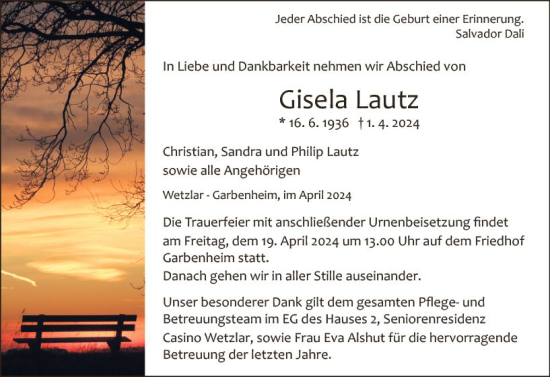 Traueranzeige von Gisela Lautz von Wetzlarer Neue Zeitung