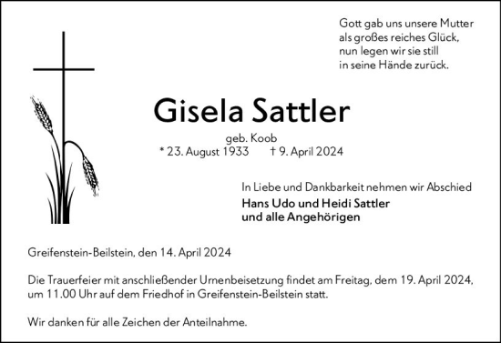 Traueranzeige von Gisela Sattler von Dill Block