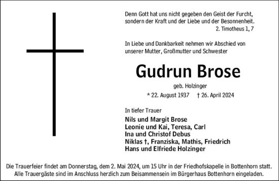 Traueranzeige von Gudrun Brose von Hinterländer Anzeiger