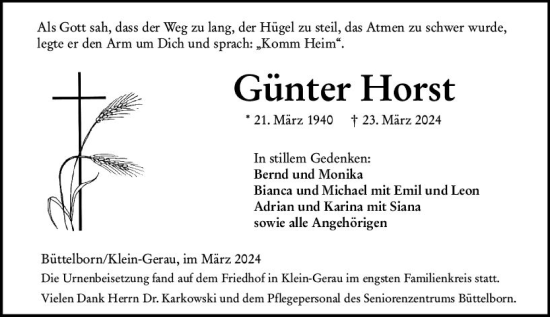 Traueranzeige von Günter Horst von Groß-Gerauer Echo