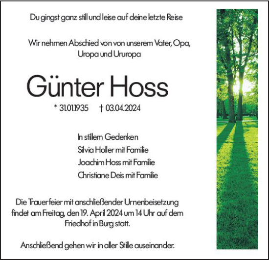 Traueranzeige von Günter Hoss von Dill Block