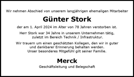 Traueranzeige von Günter Stork von Darmstädter Echo