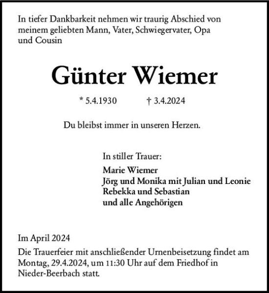 Traueranzeige von Günter Wiemer von Darmstädter Echo