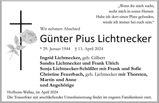 Traueranzeige von Günter Pius Lichtnecker von Wiesbadener Kurier