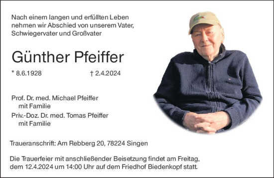 Traueranzeige von Günther Pfeiffer von Hinterländer Anzeiger