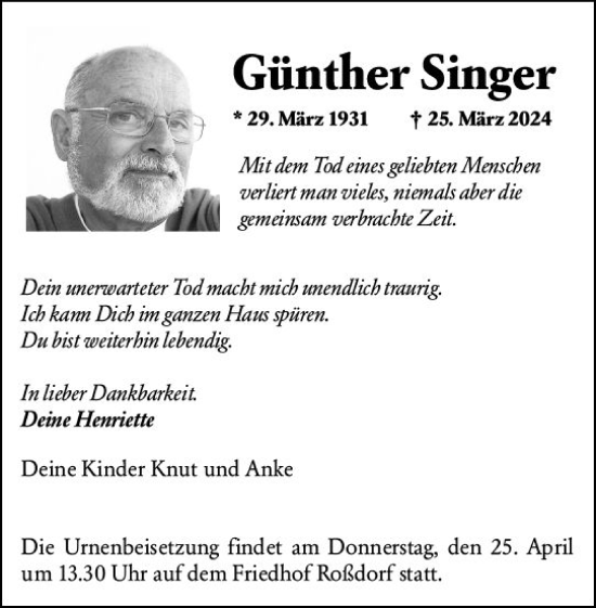 Traueranzeige von Günther Singer von Darmstädter Echo