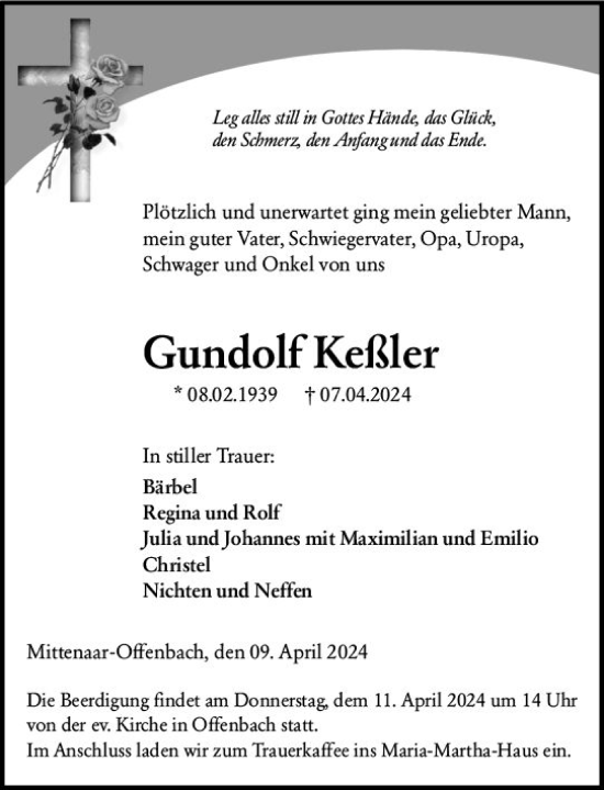 Traueranzeige von Gundolf Keßler von Dill Block