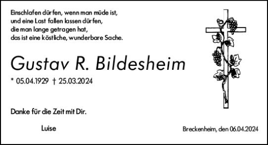 Traueranzeige von Gustav R. Bildesheim von Rheingau Kurier