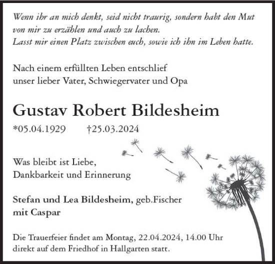 Traueranzeige von Gustav Robert Bildesheim von Wiesbadener Kurier