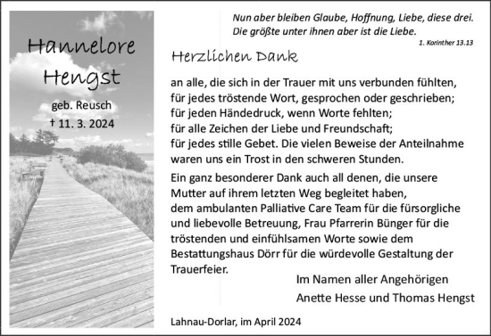 Traueranzeige von Hannelore Hengst von Wetzlarer Neue Zeitung
