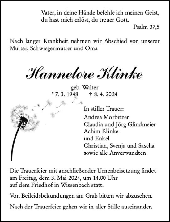 Traueranzeige von Hannelore Klinke von Dill Block