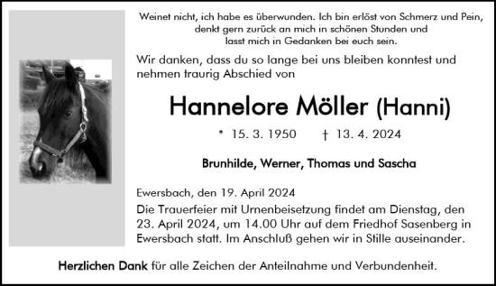 Traueranzeige von Hannelore Möller von Dill Block