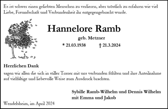 Traueranzeige von Hannelore Ramb von Allgemeine Zeitung Alzey