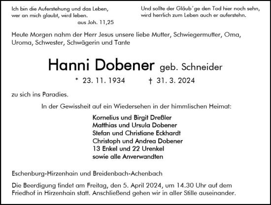 Traueranzeige von Hanni Dobener von Hinterländer Anzeiger