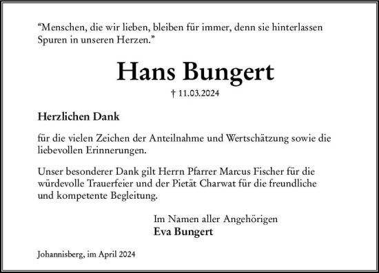 Traueranzeige von Hans Bungert von Rheingau Kurier