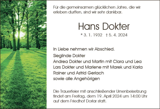 Traueranzeige von Hans Dokter von Wetzlarer Neue Zeitung