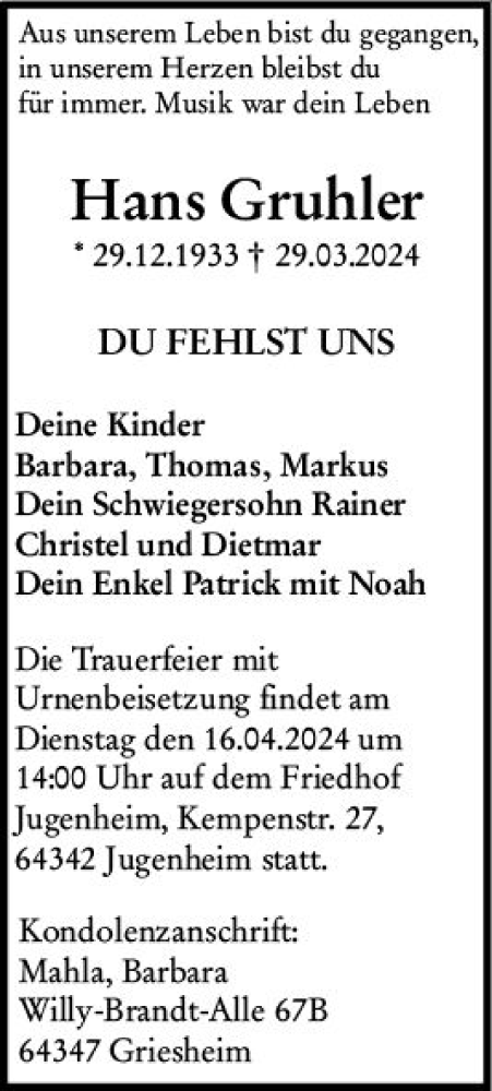 Traueranzeige von Hans Gruhler von Darmstädter Echo